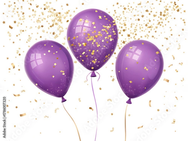 Fototapeta Three purple balloons with confetti isolated on transparent background