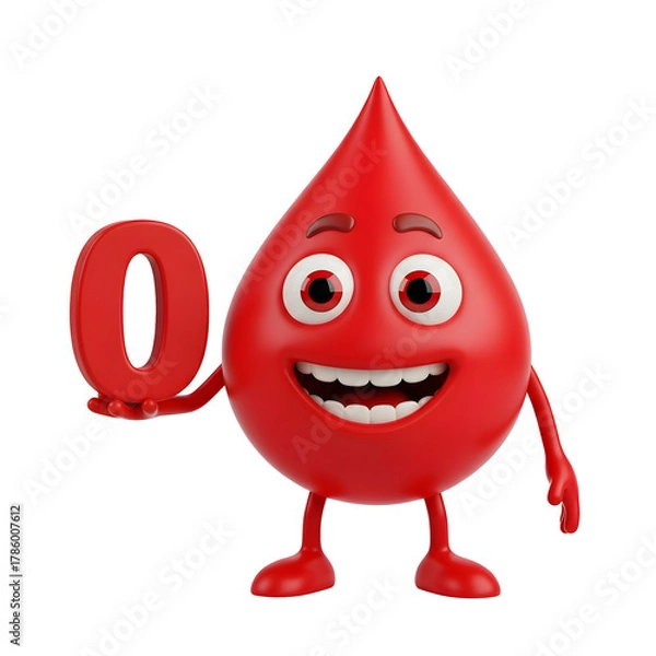 Fototapeta Joyful cartoon blood drop character proudly holding a large red number zero, perfect for health campaigns and educational content