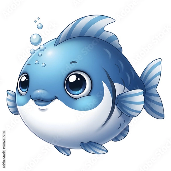Fototapeta Adorable blue cartoon fish with big eyes and cheerful expression swimming happily, perfect for children's projects and fun designs
