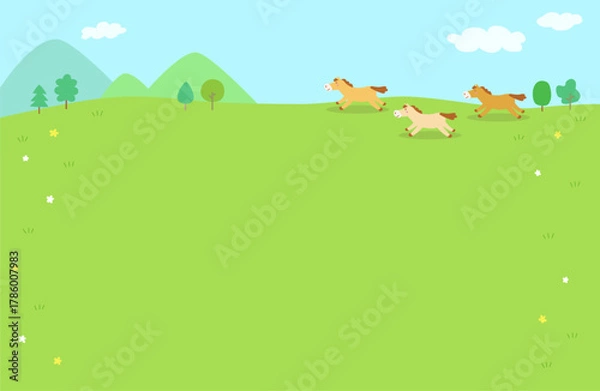 Obraz 草原を走る馬たちの背景フレームイラスト