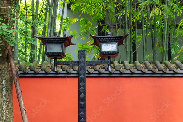 Obraz Street lamps in the background of the red courtyard wall of traditional Chinese architecture