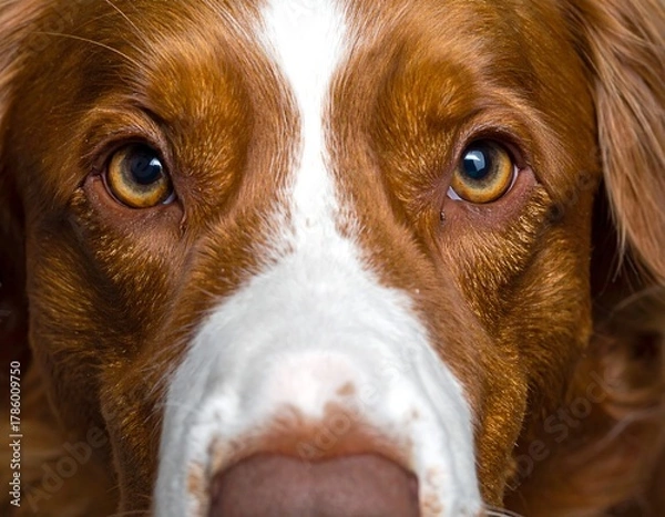 Fototapeta A close-up portrait of a dog's face, showcasing striking amber eyes, a white blaze, and textured brown fur