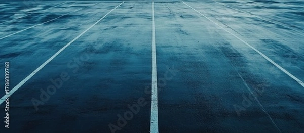 Fototapeta Abstract background of a dark blue wet asphalt surface with parallel white lines, showcasing texture and depth.