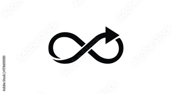 Fototapeta Black infinity symbol with an arrow integrated into the right loop representing endless cycles and continuous motion