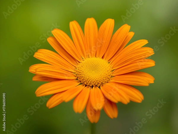 Fototapeta Bright orange daisy flower blooming beautifully in garden with soft blurred green background and natural sunlight macro photography