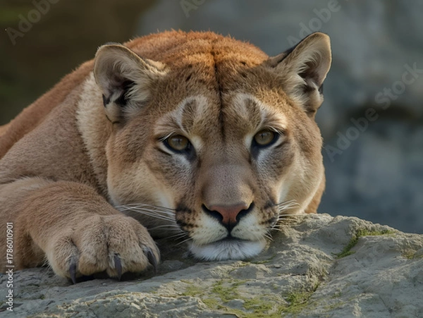 Fototapeta Powerful wild puma resting calmly on rocky terrain staring directly at camera with intense eyes in wilderness environment