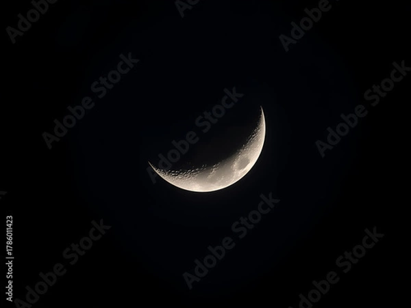 Fototapeta Thin crescent moon glowing softly in dark night sky creating serene and minimalist astronomy landscape scene