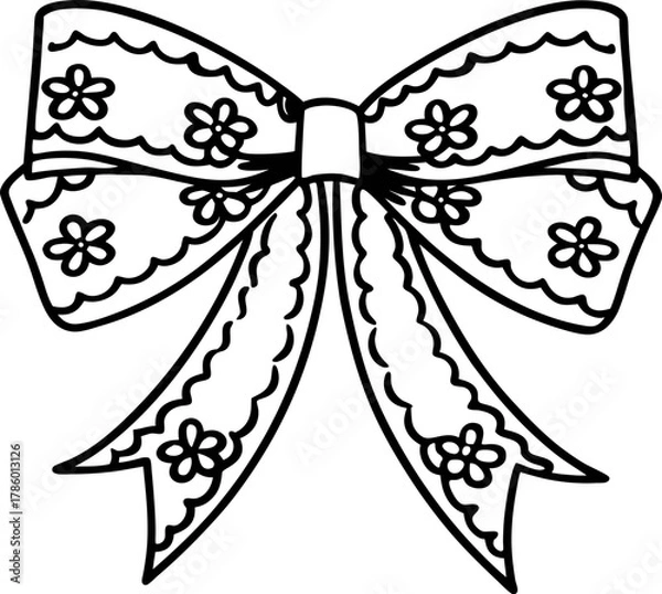 Fototapeta Elegant floral bow illustration, decorative lace ribbon design with intricate flower patterns, gift ornament outline
