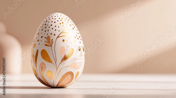 Fototapeta Big Easter egg in elegant gold and beige palette with copy-space