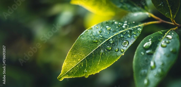 Fototapeta Close-up of a green leaf with water droplets after rain, symbolizing freshness and nature purity. Perfect for eco design, wellness concepts, and environmental projects.