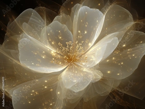 Fototapeta Elegant Fractal Bloom Golden Stamen Sparkling Petals Dark Abstract Environment Digital Flora Art Illustration