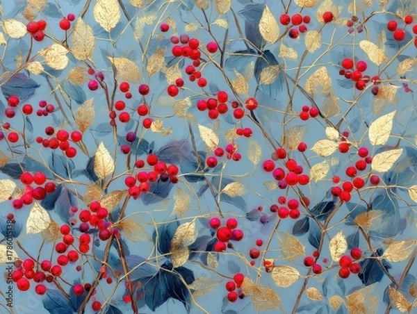 Fototapeta Golden Leaves Red Berries Blue Gray Background Intricate Botanical Pattern Artistic Seasonal Design