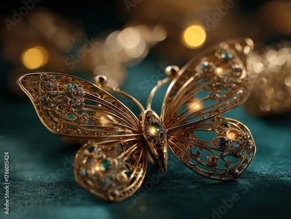 Fototapeta Elegant Filigree Butterfly Brooch Adorned with Teal and Gold Gemstones Resting on a Rich Emerald Green Textile, Golden Bokeh Lights Shimmering in the Softly Blurred Background