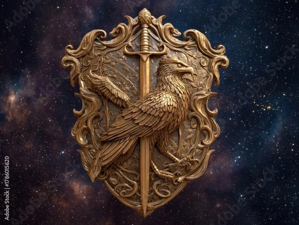 Fototapeta Golden Eagle Shield with Prominent Eagle and Sword Against a Sparkling Starry Night Sky Ornate and Powerful Symbol of Dominion