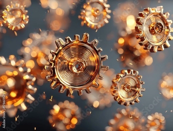 Fototapeta Abstract Gold Gears Floating in Air with Bokeh Lights Dynamic Industrial Motion Concept Shiny Mechanical Elements on Blurry Background