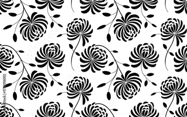 Fototapeta Black and white floral pattern with stylized flowers and leaves
