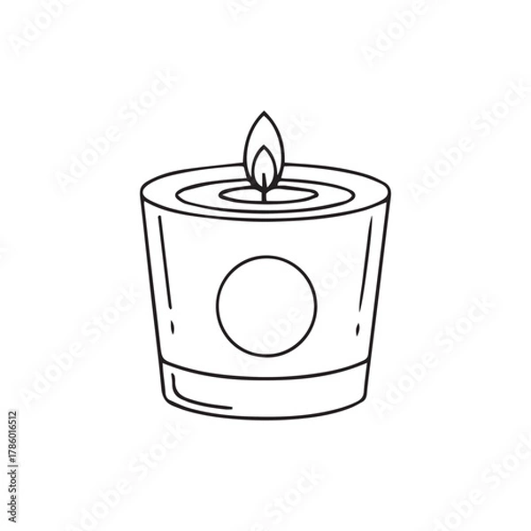 Fototapeta A simple line drawing of a lit candle in a glass holder, featuring a circular label area on the side.