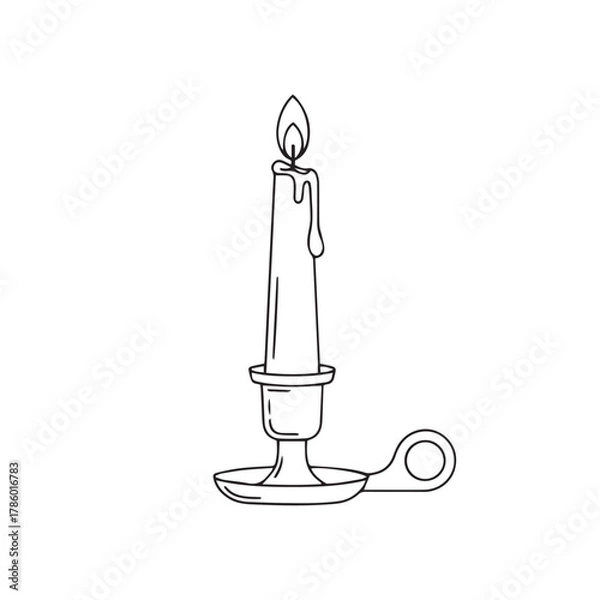 Fototapeta Simple black and white line drawing of a lit candle in a candlestick holder.