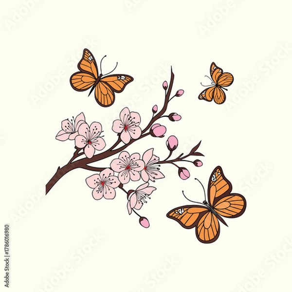 Obraz Butterflies and Cherry Blossom Branch Illustration – Spring Nature Floral Design