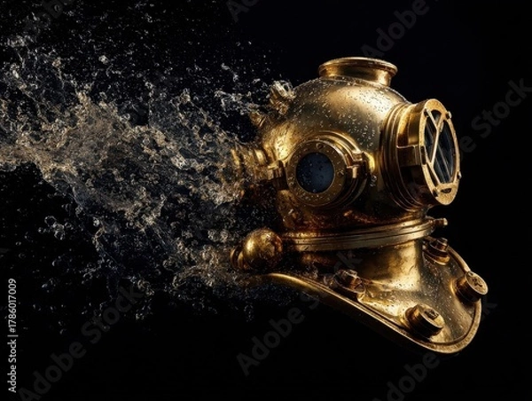 Fototapeta Vivid Golden Diving Helmet With Dynamic Water Trails Against Pure Black Background Concept of Speed Motion and Historical Underwater Technology Gold Metal Shimmers