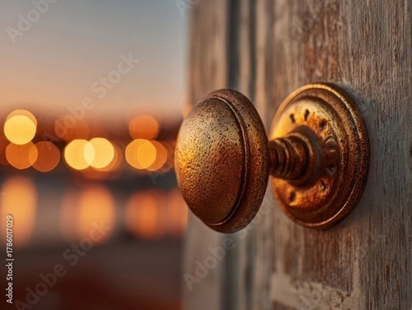 Fototapeta Rustic Bronze Doorknob on Wooden Door with Blurred Orange Bokeh Background, Warm Sunset Light, Close Up of Antique Metal Handle, Entry Point Concept