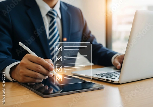 Fototapeta Businessman checking off items on a digital checklist on tablet