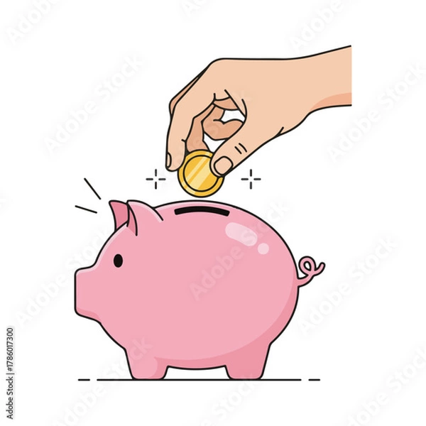 Fototapeta A hand placing a gold coin into a pink piggy bank, representing savings and investment.