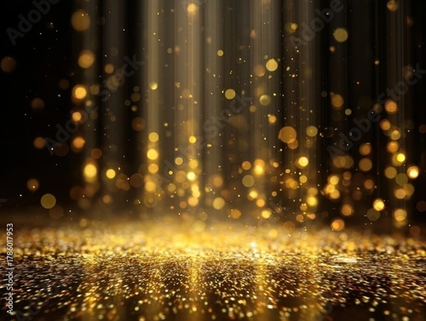 Fototapeta Abstract Glittering Gold Light Rays and Bokeh Particles Descending onto Sparkling Golden Dust Against Dark Background Stage Illumination Festive Celebration New Year