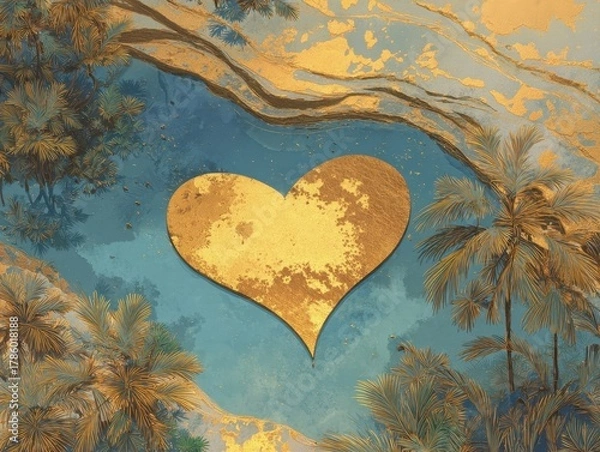 Fototapeta Abstract Golden Heart on Azure Waters with Tropical Foliage Art Print