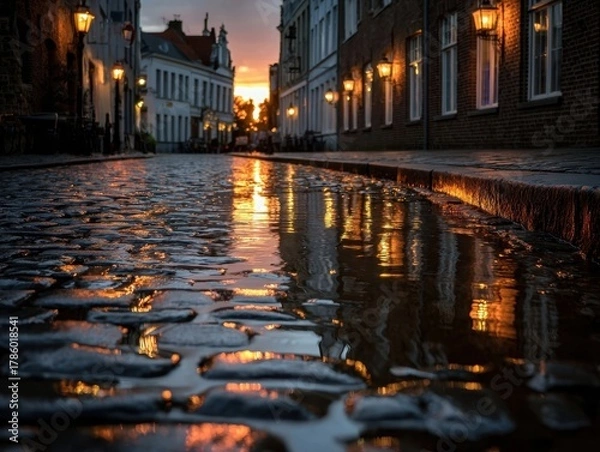 Fototapeta Cobblestone Street Puddle Reflection at Dusk European City Alley with Lanterns and Warm Building Lights Illuminating Wet Ground