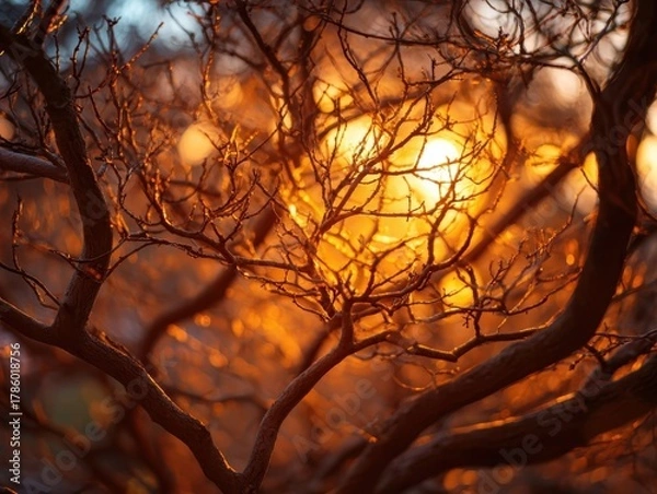 Fototapeta Close-up of bare tree branches illuminated by a golden sunrise light, casting warm bokeh patterns in a tranquil autumn forest scene