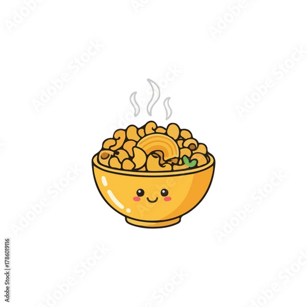 Fototapeta A cartoon illustration of a happy bowl filled with steaming macaroni and cheese, smiling.