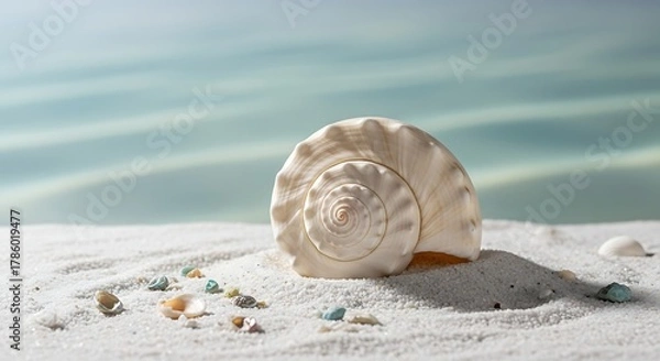 Obraz A beautiful white spiral seashell resting on pristine white sand with a gentle blue ocean in the background.