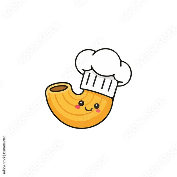 Fototapeta A smiling, cartoon macaroni pasta character wearing a chef's hat, ready to cook.