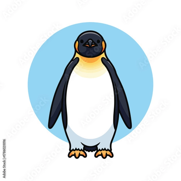 Fototapeta A cartoon illustration of an Emperor penguin standing upright against a light blue circular background.