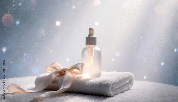 Obraz Frosted glass dropper bottle and soft folded towel edge on a minimal product podium. Winter Beauty treatment Mockup.