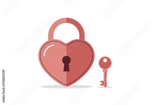 Fototapeta Dark Pink Heart Padlock and Simple Key Minimalist Vector Illustration for Concept of Key to Love
