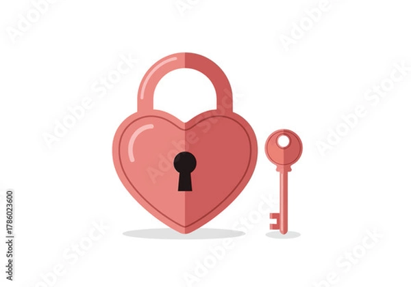 Fototapeta Solid Illustration of Pink Heart Padlock and Long Key Symbol of Key to the Heart and Relationship Loyalty