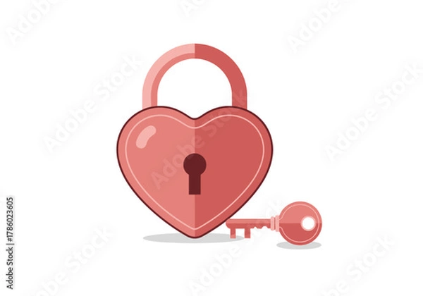 Fototapeta Dark Pink Heart Padlock with Small Key Illustration Symbol of Eternal Love and Loyalty