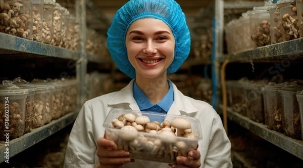 Obraz Smiling female scientist holding jar of cultivated mushrooms in laboratory