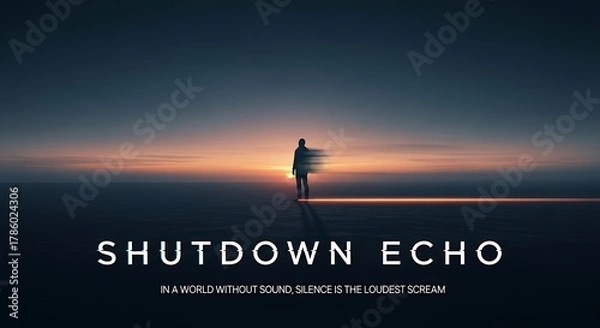 Obraz A solitary figure stands silhouetted against a vibrant sunset or sunrise on a vast, flat horizon, with the text 'SHUTDOWN ECHO' and a tagline about silence.