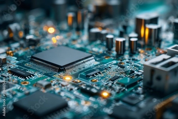 Obraz Circuit board with microchips, data processing, and hardware innovation