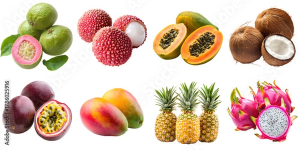Fototapeta Set of various ripe tropical fruits: mango, coconut, papaya, lychee, dragonfruit, pineapple, passion fruit, guava, isolated on a transparent background PNG