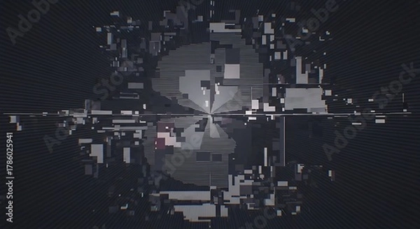 Obraz Abstract digital glitch art with fragmented geometric patterns and dark tones.