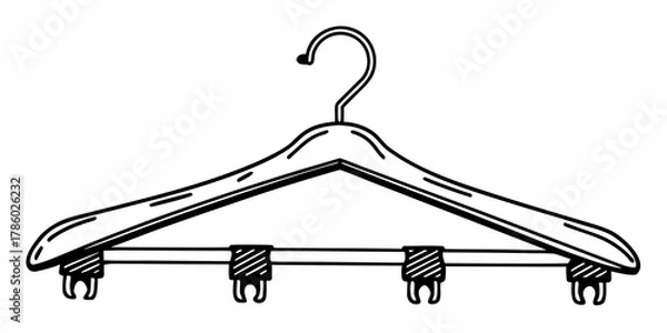 Obraz Illustration of a wooden clothes hanger with four clips and a metal hook on a white background