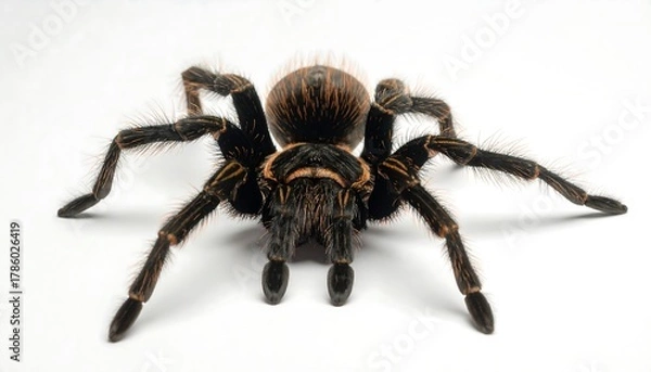 Fototapeta A close-up, centered view of a large, hairy arachnid with dark brown body and legs, set against a clean white background