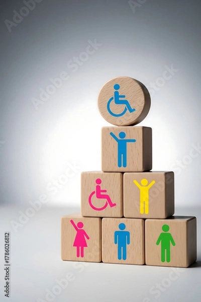 Fototapeta Diversity and Inclusion Concept. Wooden blocks stacked with diversity and disability icons