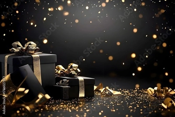 Fototapeta Black gift boxes with confetti.