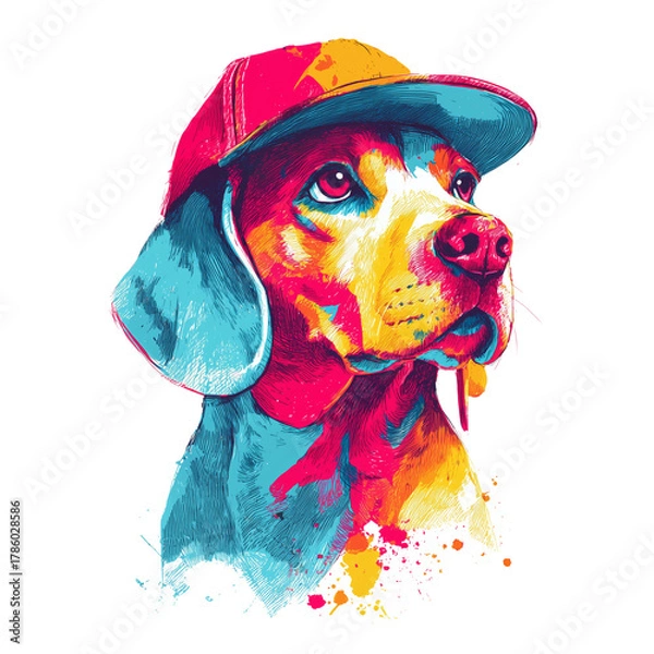 Fototapeta Vibrant pop art beagle dog wearing a colorful baseball cap portrait isolated on transparent background