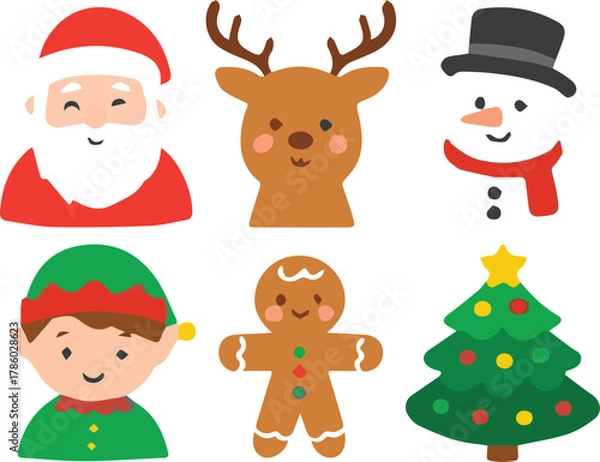 Fototapeta Holiday Character Icons Santa, Reindeer, Snowman, Elf, Gingerbread, Tree